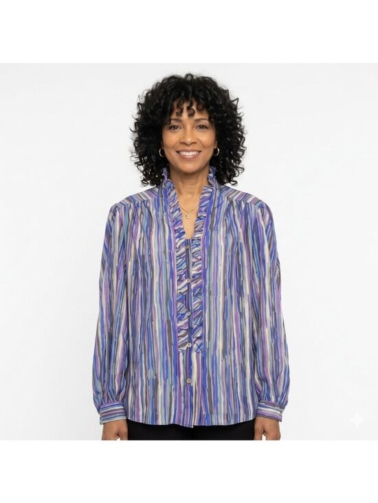 Teddi Of California Tops - Vintage 80s Teddi Of California Multicolor Stripe Ruffle Blouse Size 18 Office